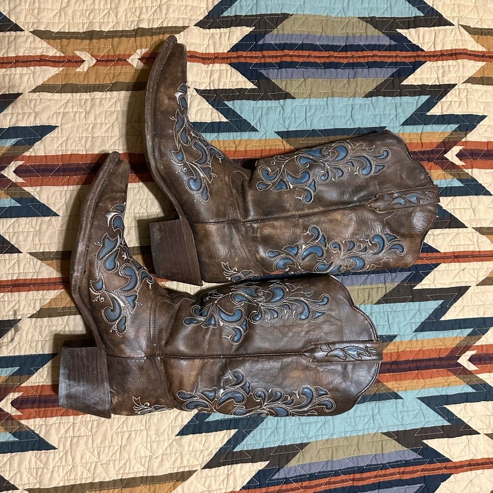 Brown Cowboy Boots with Blue Embroidery